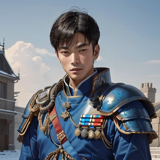 特写镜头：一位身穿蓝色盔甲的英俊亚洲男子扮演皇家卫兵，站在一座豪宅前.