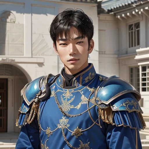 特写镜头：一位身穿蓝色盔甲的英俊亚洲男子扮演皇家卫兵，站在一座豪宅前.