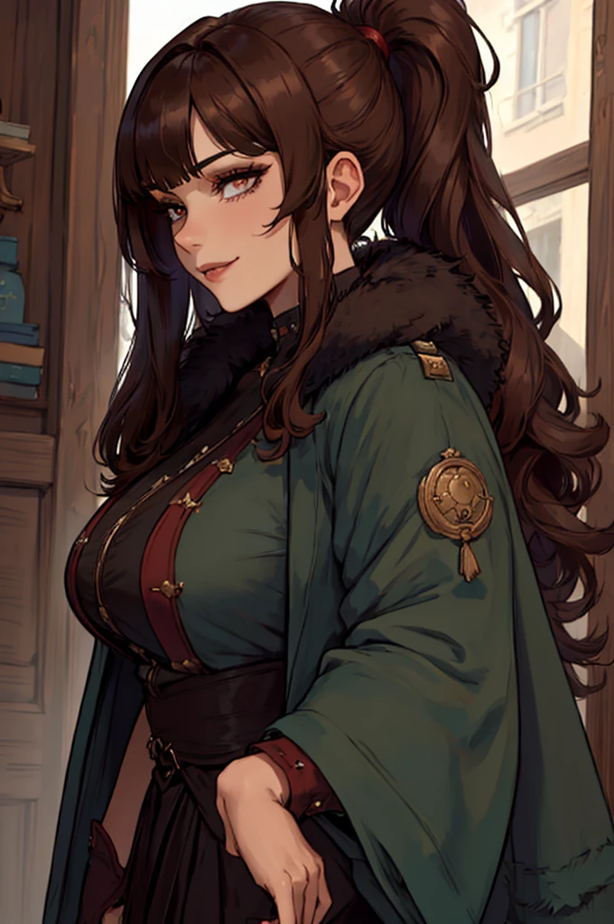 ((masterpiece)), ((best quality)), 1girl, adult, long hair, big bust, ((brown hair)), ((intimidant look)), ((close-up)), profile image, black and red clothes, sexy, dark colors, ((coat with fur)), ((wavy hair)), exposed skin, ((sexy pose)), good anatomy, ((dark sage clothes)), ((straight cut bangs)), emotionless, intimidant, ((beautiful eyes)), dark background, close up, ((detailed eyes)), ((detailed face)), hair bang, frontal look, relaxed, smile, queen, ponytail, violet eyes