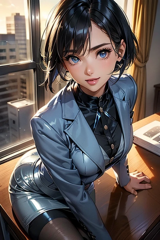 #Basics A girl is posing for a photo, animeのかわいい女の子, (((One Girl, Baby Face, Young girl, 16 years old))), 
BREAK 

#Clothing Accessories 
(White Collar Dress Shirt) + (blue suit jacket:1.4) + (Blue suit vest:1.4) + (Blue shiny pencil mini skirt:1.4) + (Black Pantyhose) + (Black high heels), 
red gem earrings, Silver Necklace, 
BREAK 

#Features 
(Black Hair), (Bangs that expose the forehead, Beautiful forehead), (Pixie Cut Hair : very short back hair + Hair that bounces out),  
(Droopy eyes, blue eyes), (Small breasts),  
BREAK 

#background environment 
(noon、(A beautiful, sunny office, Modern Building, You can see the building from the window.))
#Facial Expression Pose
((Wicked Smile, Teeth are visible), (A confident and powerful atmosphere, A commanding presence, Sit on a desk)), 
#composition 
((Face the camera, Angle from below, Cowboy Shot)),  
BREAK 

#Body parts elements 
(Detailed hair, Beautiful Hair, Shiny Hair), 
(double eyelid, Long eyelashes), 
(Expression of fine eyes, Beautiful and delicate eyes, Sparkling eyes, Eye Reflexes, Glitter Eyeliner), 
(Human Ear), 
(Beautiful Nose, Thin Nose), 
(Glossy lips, Beautiful Lips, Thick lips, Glossy Lips, Natural Cheeks), 
(Detailed face, Symmetrical facial features), 
(Detailed skin, Textured skin, Beautiful Skin, Shiny skin), 
BREAK 

#Quality 
(((Highest quality)), ((masterpiece)), ((Very detailed))), ((High resolution), (16K,1080P)), 
(Realistic), (Anatomically correct), 
((comics, anime)), (3DCG), CG illustration,
