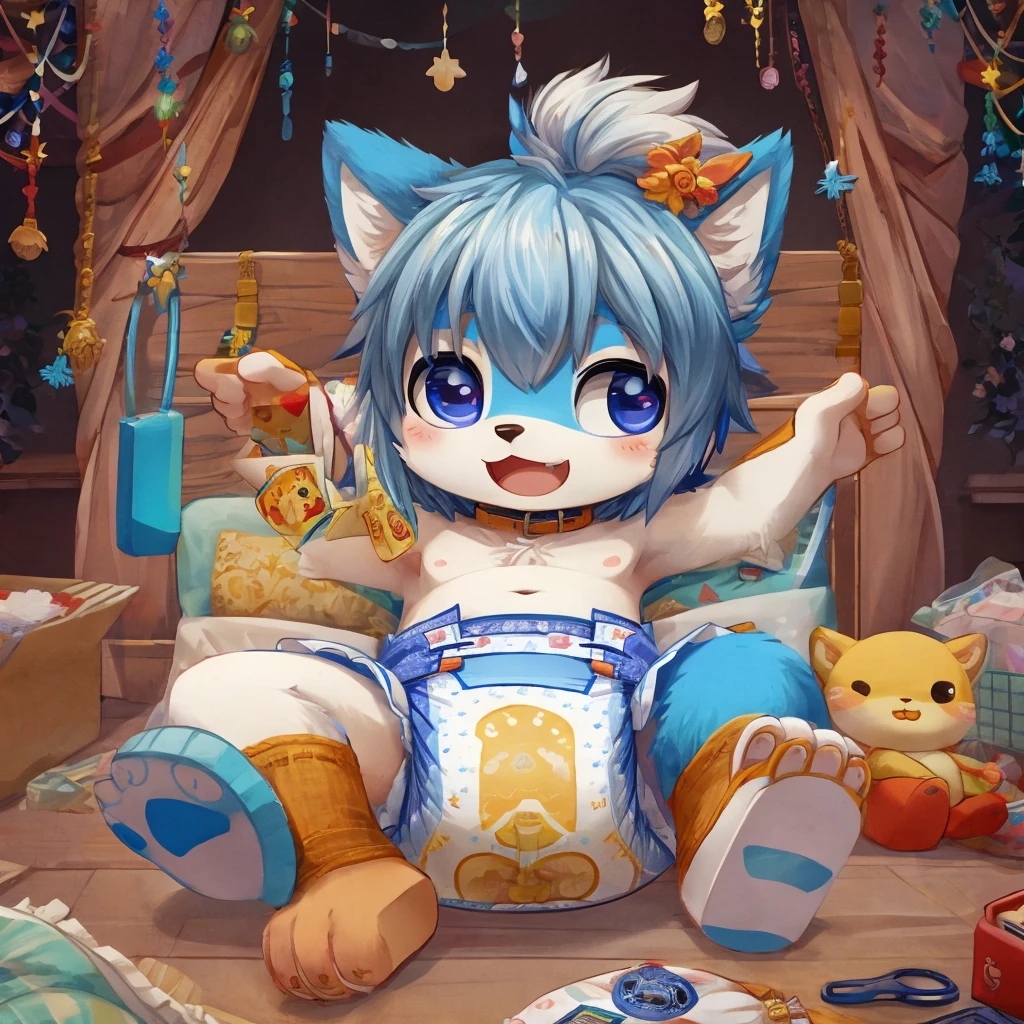 Furry Peeing on open diaper, open diaper, diaper change, chibi - SeaArt AI