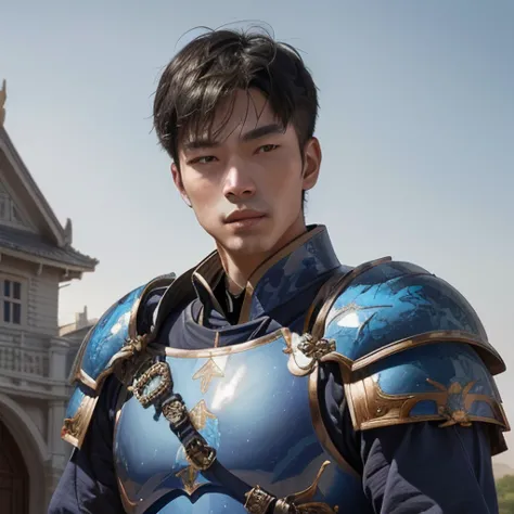 A close up of a handsome Asian man in blue armor breastplate and pauldrons as an Imperial Guard standing in front of a mansion.