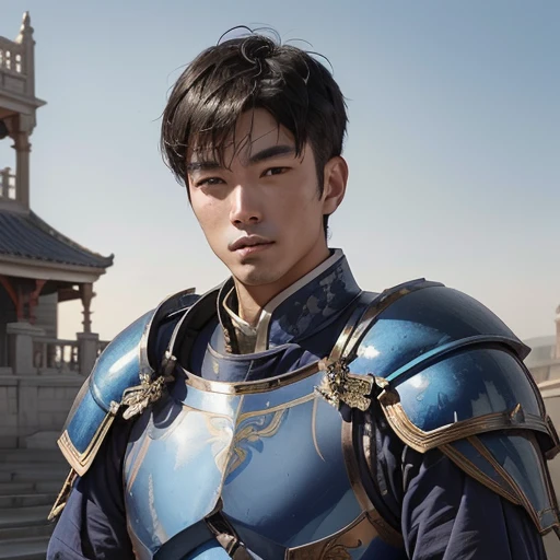 特写镜头：一位身穿蓝色盔甲胸甲和肩甲的英俊亚洲男子，扮演一名皇家卫兵，站在一座豪宅前.