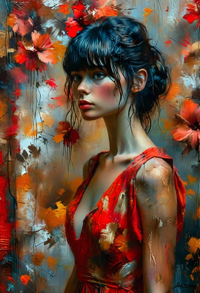 A striking and evocative painting of a young woman with dark hair and bangs, adorned in a vibrant red dress. She stands confidently against a textured backdrop featuring rustic and abstract elements, creating a dynamic and intriguing atmosphere. Her intense gaze and slight head tilt convey a deep emotional connection, while she gently holds onto her dress, emphasizing the neckline and adding a touch of vulnerability. The dramatic lighting and rich earthy color palette, combined with the artist's masterful use of broad brush strokes, come together to create a captivating and powerful image that draws the viewer in.