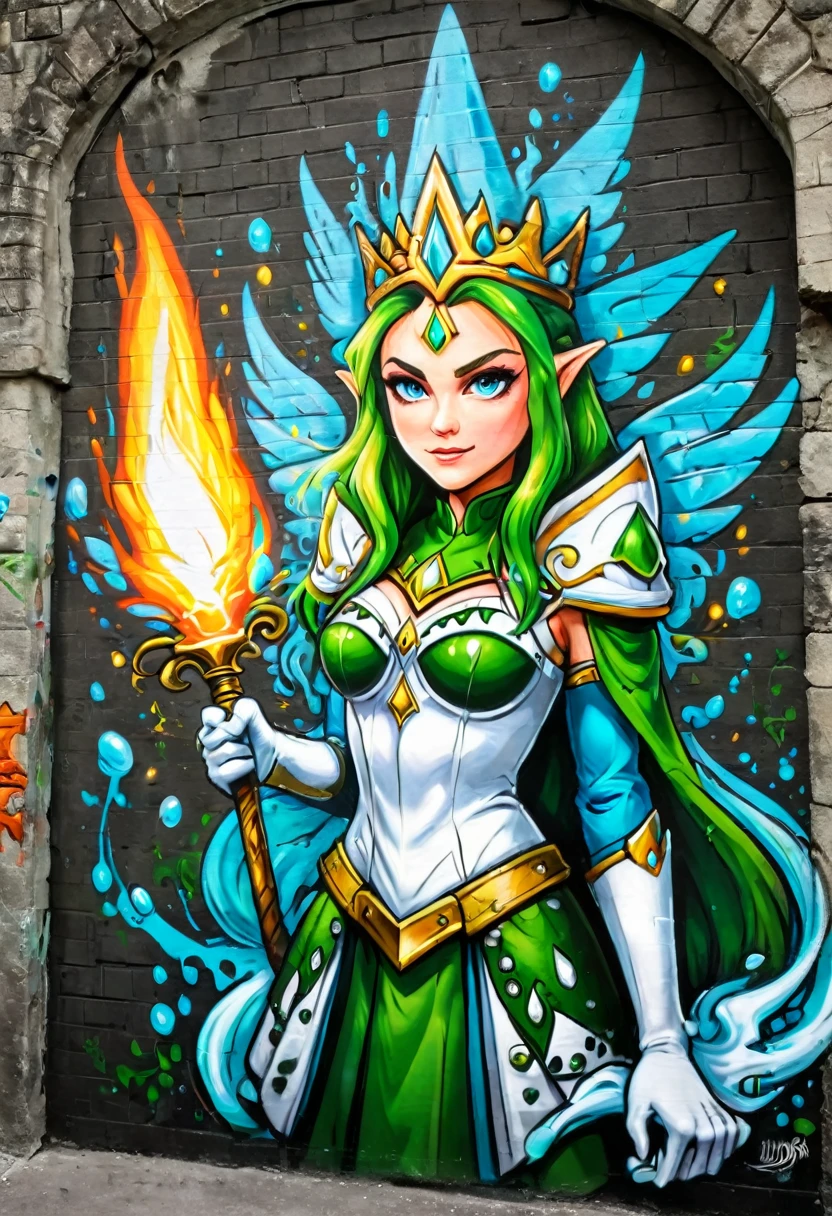 a graffiti painting art on the wall of the castle of the elf Princess Zelda on the wall of a castle ,Princess Zelda (intense details, Masterpiece, best quality: 1.5), wearing intricate green dress, delicate diamond crow, ultra detailed face, ultra feminine, fair skin, exquisite beauty, gold hair, long hair, wavy hair, small pointed ears, dynamic eyes color, wearing heavy green and white armor, shinning metal, armed with elven sword, ais-graffiti, chumbasket art style, graffiti art 