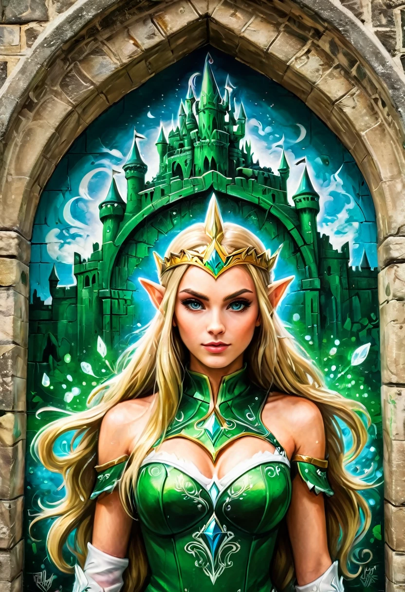 aa graffiti painting art on the wall of the castle of the elf Princess Zelda on the wall of a castle ,Princess Zelda (intense details, Masterpiece, best quality: 1.5), wearing intricate green dress, delicate diamond crow, ultra detailed face, ultra feminine, fair skin, exquisite beauty, gold hair, long hair, wavy hair, small pointed ears, dynamic eyes color, wearing heavy green and white armor, shinning metal, armed with elven sword, ais-graffiti, chumbasket art style, graffiti art