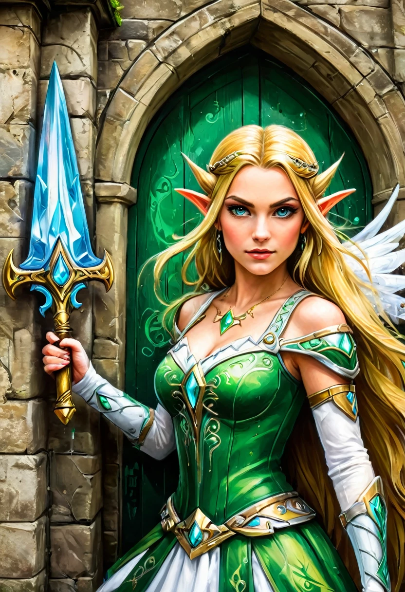 aa graffiti painting art on the wall of the castle of the elf Princess Zelda on the wall of a castle ,Princess Zelda (intense details, Masterpiece, best quality: 1.5), wearing intricate green dress, delicate diamond crow, ultra detailed face, ultra feminine, fair skin, exquisite beauty, gold hair, long hair, wavy hair, small pointed ears, dynamic eyes color, wearing heavy green and white armor, shinning metal, armed with elven sword, ais-graffiti, chumbasket art style, graffiti art