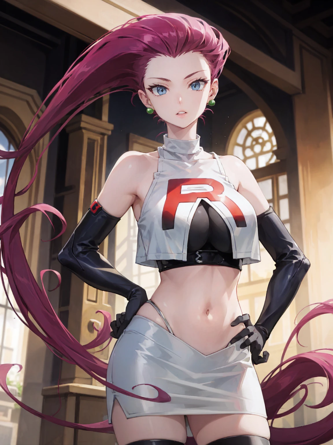 Jessie Pokemon, jewelry, Official Art,(Team Rocket:1.3, Black arm guard, Black knee-high socks, White Skirt, white crop shirt) , blue eyes, One girl, Purple Hair, Earrings, clavicle, I slicked my hair back., Part your lips, Blurred Background, Big Breasts, Hands on hips、belly button
