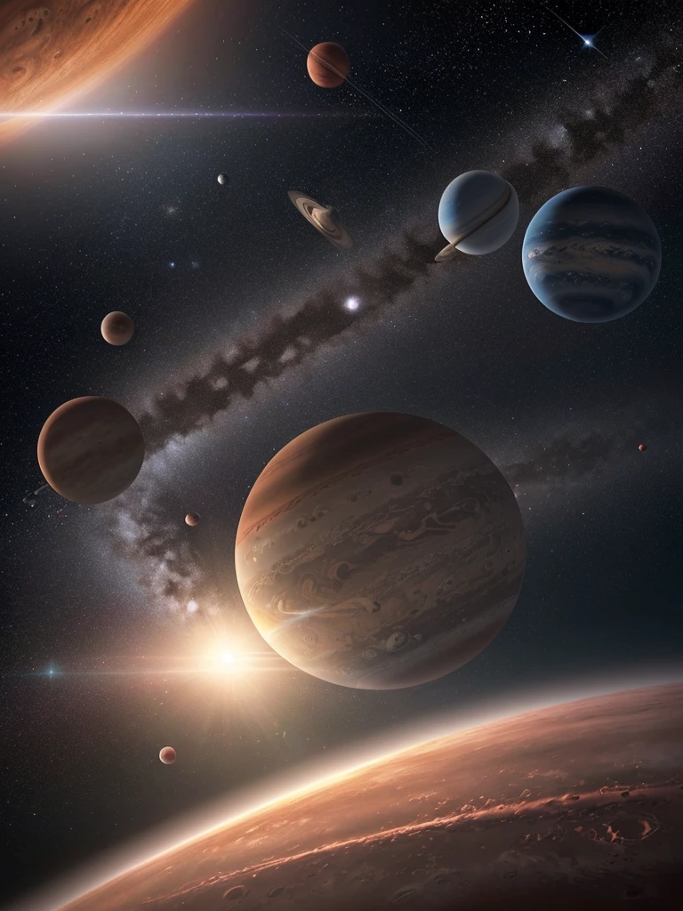 Hyper-realistic digital painting of the solar system, with the Sun at the center radiating intense light and heat, surrounded by the eight planets in their orbits. Mercury, a small rocky planet, is closest to the Sun, followed by the cloud-covered Venus, the vibrant blue Earth with its visible continents and swirling clouds, and the red, dusty Mars. Beyond the asteroid belt, the gas giants Jupiter with its iconic Great Red Spot and Saturn with its stunning rings are prominent. Uranus and Neptune, the distant ice giants, complete the lineup. The blackness of space is dotted with distant stars, and a comet with a glowing tail streaks across the scene, cinematic composition, trending on ArtStation.