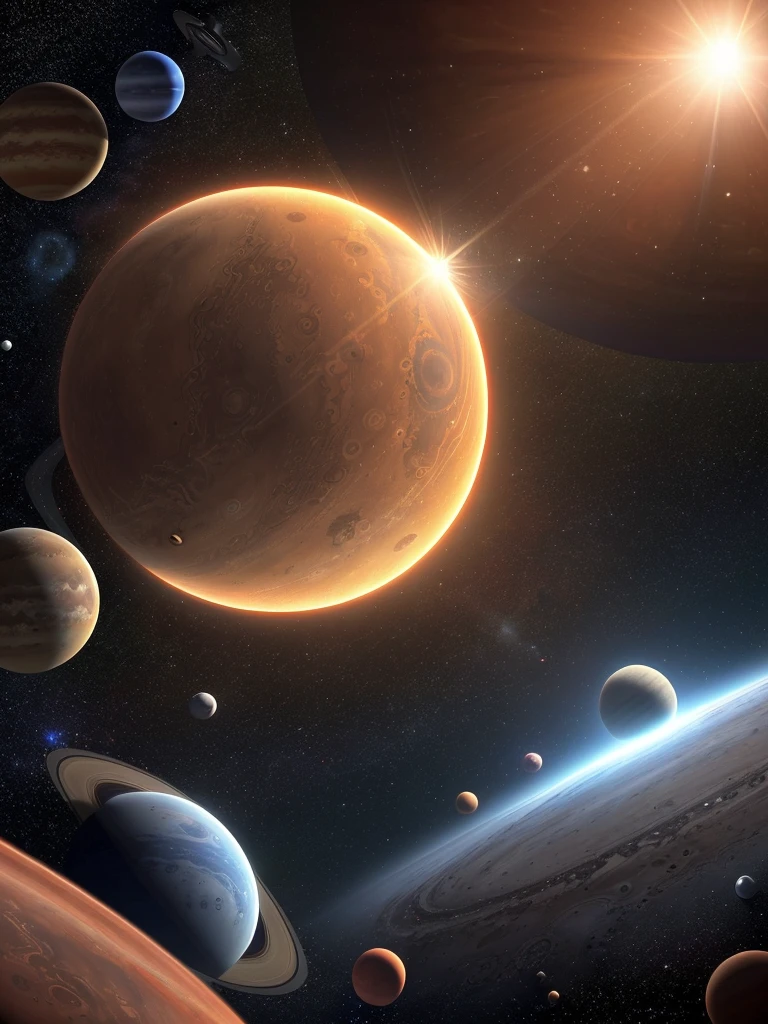 Hyper-realistic digital painting of the solar system, with the Sun at the center radiating intense light and heat, surrounded by the eight planets in their orbits. Mercury, a small rocky planet, is closest to the Sun, followed by the cloud-covered Venus, the vibrant blue Earth with its visible continents and swirling clouds, and the red, dusty Mars. Beyond the asteroid belt, the gas giants Jupiter with its iconic Great Red Spot and Saturn with its stunning rings are prominent. Uranus and Neptune, the distant ice giants, complete the lineup. The blackness of space is dotted with distant stars, and a comet with a glowing tail streaks across the scene, cinematic composition, trending on ArtStation.