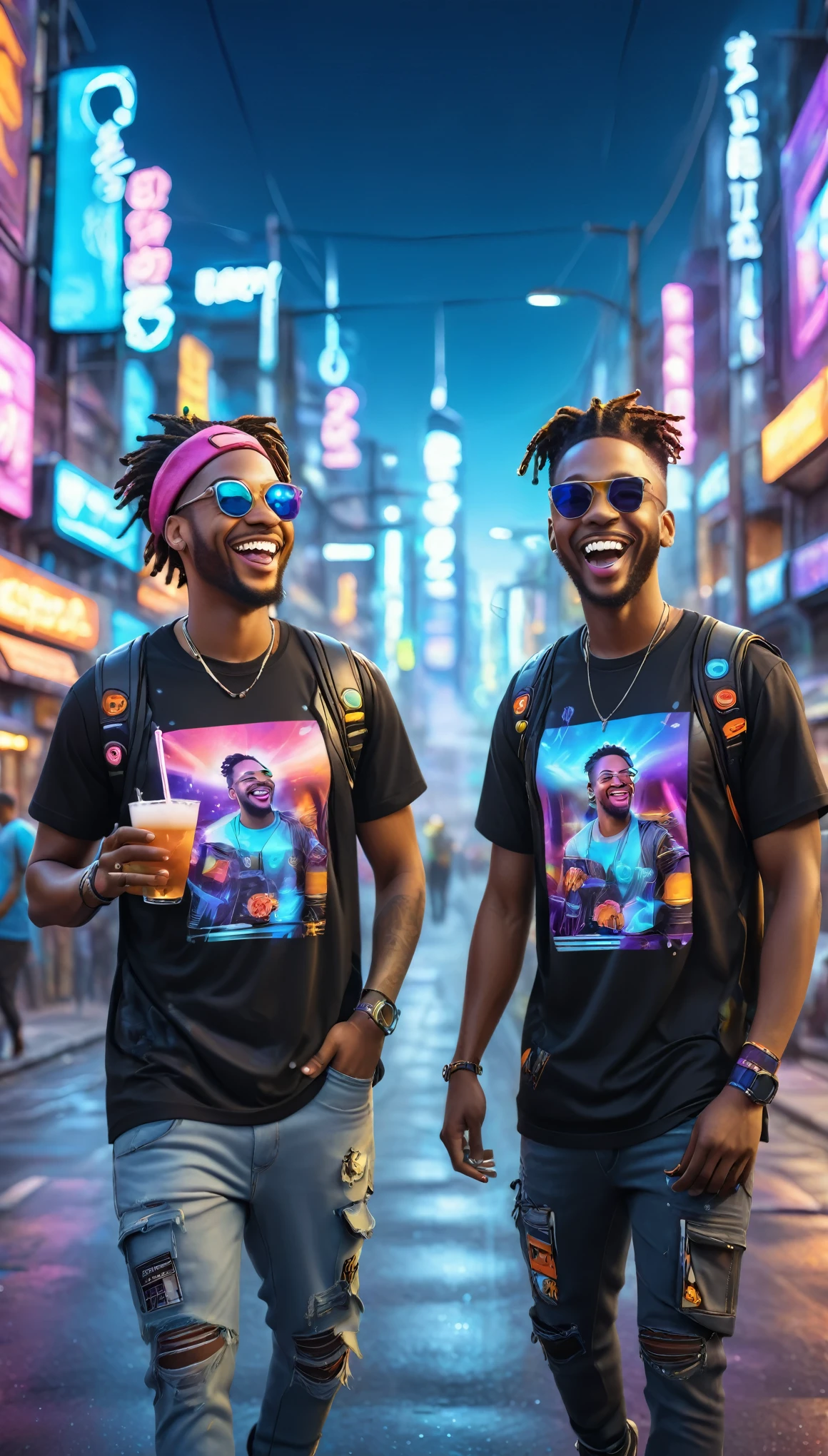 BLACK adult men dressed in urban clothing t-shirts, In an urban landscape and holographic signs, HAPPY on the road. are drinking and laughing, The background is modern and cyberpunk, high tech vibe. Lovely Digital Painting, 3D rendering, Bright lighting, swirly vibrant colors. adult people, BEAUTIFUL black people, different faces.