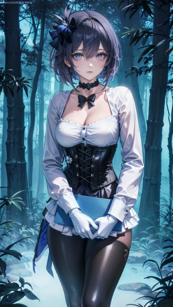 Masterpiece, Beautiful art, professional artist, 8k, Very detailed face, Detailed clothing, detailed fabric, 1 girl, Soul Fullness \(Honkai Impact 3rd\), front view, standing, perfectly drawn body, shy expression, pale skin, beautiful face, short dark blue hair, 4k eyes, very detailed eyes, pink cheeks, choker:1.6, (white long sleeve button down shirt with white collar), black gloves, gloves that cover hands, (black leather corset), (shiny black leggings), Sensual Lips , winter night, show details in the eyes, looking at the viewer, dark forest, Atmosphere, fog, At night