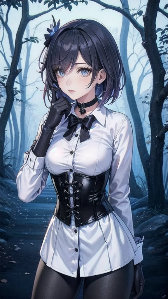 Masterpiece, Beautiful art, professional artist, 8k, Very detailed face, Detailed clothing, detailed fabric, 1 girl, Soul Fullness \(Honkai Impact 3rd\), front view, standing, perfectly drawn body, shy expression, pale skin, beautiful face, short dark blue hair, 4k eyes, very detailed eyes, pink cheeks, choker:1.6, (white long sleeve button down shirt with white collar), black gloves, gloves that cover hands, (black leather corset), (shiny black leggings), Sensual Lips , winter night, show details in the eyes, looking at the viewer, dark forest, Atmosphere, fog, At night