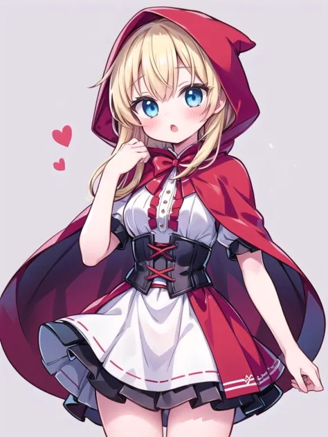 1girl, little red riding hood (grimm), blonde hair, long hair, puffy short sleeves, bow, red hooded capelet, white dress, very s...
