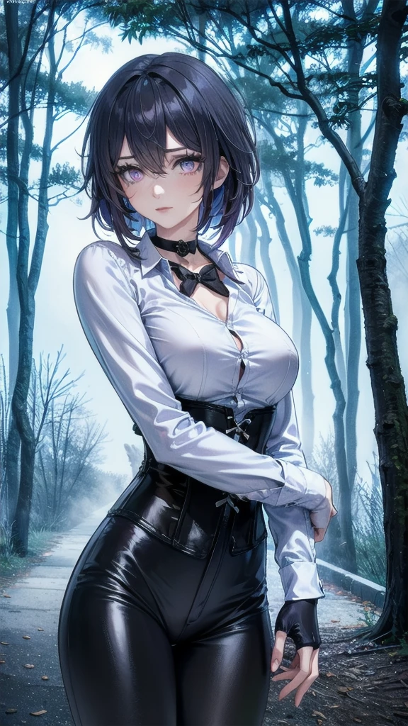 Masterpiece, Beautiful art, professional artist, 8k, Very detailed face, Detailed clothing, detailed fabric, 1 girl, Soul Fullness \(Honkai Impact 3rd\), front view, standing, big breasts, perfectly drawn body, shy expression, pale skin, beautiful face, short dark blue hair, 4k eyes, very detailed eyes, pink cheeks, choker:1.6, (white long sleeve button down shirt with white collar), black gloves, gloves that cover hands, (black leather corset), (shiny black leggings), Sensual Lips , winter night, show details in the eyes, looking at the viewer, dark forest, Atmosphere, fog, At night