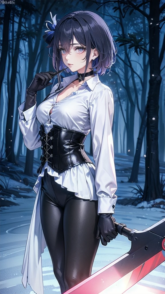 Masterpiece, Beautiful art, professional artist, 8k, Very detailed face, Detailed clothing, detailed fabric, 1 girl, Soul Fullness \(Honkai Impact 3rd\), front view, standing, perfectly drawn body, shy expression, pale skin, beautiful face, short dark blue hair, 4k eyes, very detailed eyes, pink cheeks, choker:1.6, (white long sleeve button down shirt with white collar), black gloves, gloves that cover hands, (holds a scythe with his right hand), (black leather corset), (shiny black leggings), Sensual Lips , winter night, show details in the eyes, looking at the viewer, dark forest, Atmosphere, fog, At night