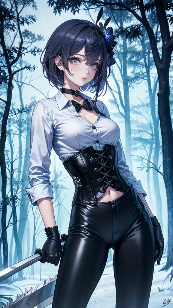 Masterpiece, Beautiful art, professional artist, 8k, Very detailed face, Detailed clothing, detailed fabric, 1 girl, Soul Fullness \(Honkai Impact 3rd\), front view, standing, perfectly drawn body, shy expression, pale skin, beautiful face, short dark blue hair, 4k eyes, very detailed eyes, pink cheeks, choker:1.6, (white long sleeve button down shirt with white collar), black gloves, gloves that cover hands, (holds a scythe with his right hand), (black leather corset), (shiny black leggings), Sensual Lips , winter night, show details in the eyes, looking at the viewer, dark forest, Atmosphere, fog, At night