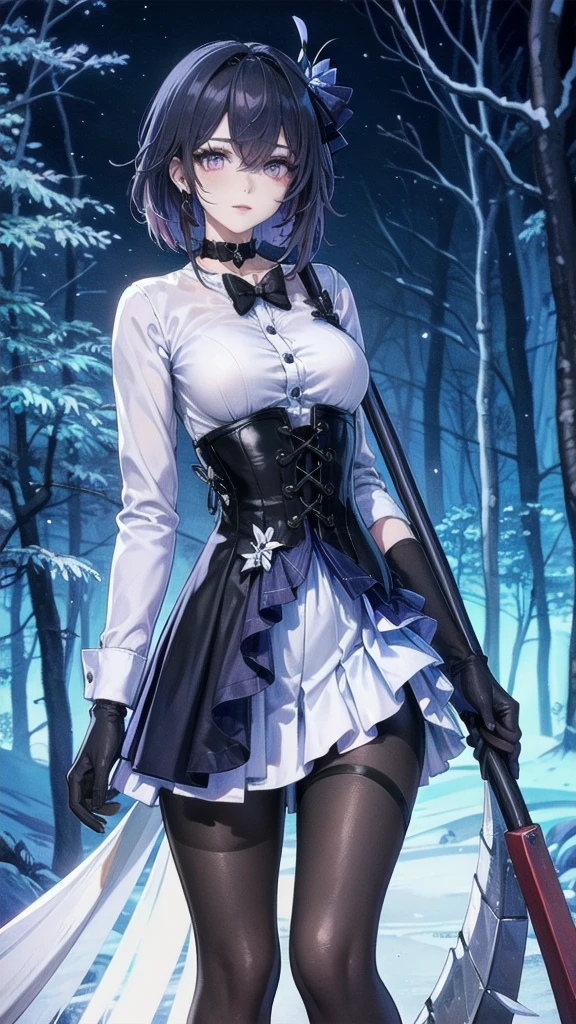 Masterpiece, Beautiful art, professional artist, 8k, Very detailed face, Detailed clothing, detailed fabric, 1 girl, Soul Fullness \(Honkai Impact 3rd\), front view, standing, perfectly drawn body, shy expression, pale skin, beautiful face, short dark blue hair, 4k eyes, very detailed eyes, pink cheeks, choker:1.6, (white long sleeve button down shirt with white collar), black gloves, gloves that cover hands, (holds a scythe with his right hand), (black leather corset), (shiny black leggings), Sensual Lips , winter night, show details in the eyes, looking at the viewer, dark forest, Atmosphere, fog, At night