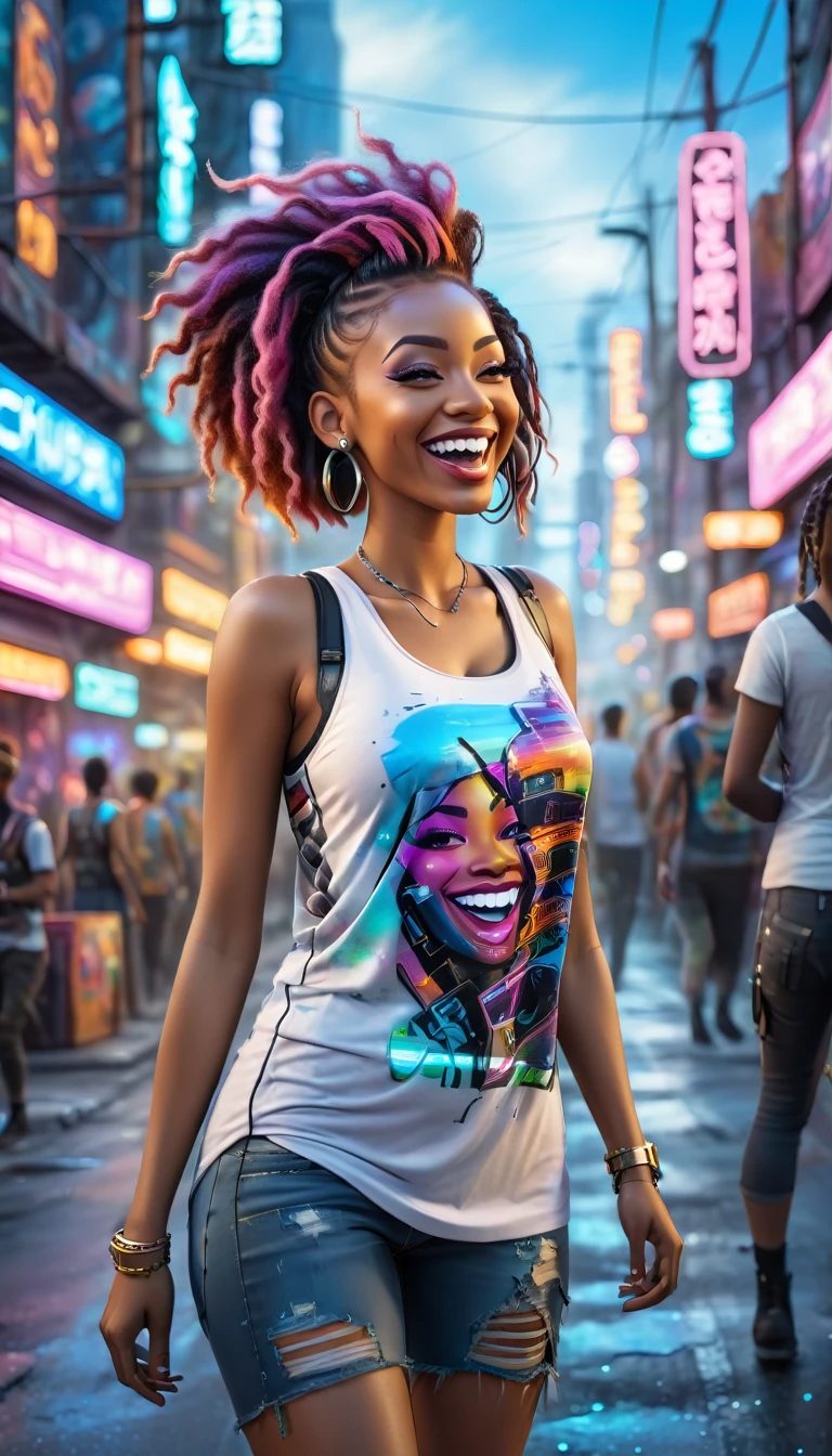 BLACK adult women dressed in urban clothing tank top, In an urban landscape and holographic signs, HAPPY on the road. are drinking and laughing, The background is modern and cyberpunk, high tech vibe. Lovely Digital Painting, 3D rendering, Bright lighting, swirly vibrant colors. adult people, BEAUTIFUL black people, different faces, slickedback hair