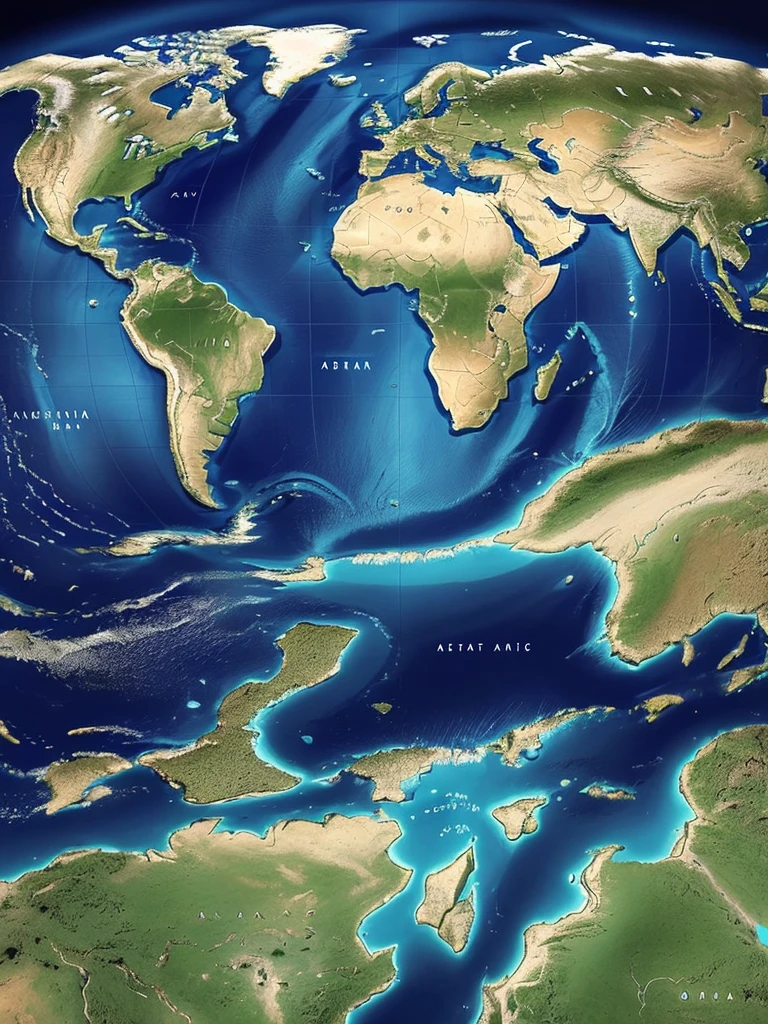 "Hyper-realistic digital painting of a world map, displaying all the continents and countries in their accurate shapes and positions. The map is richly detailed with mountain ranges, rivers, and deserts clearly visible. The oceans and seas are depicted in varying shades of blue, with realistic wave patterns and depth gradients. Major cities are marked with small, glowing points of light. The map includes labels for countries, major bodies of water, and significant geographical features. The background is a deep navy blue, enhancing the vibrant colors of the landmasses, cinematic composition, trending on ArtStation."