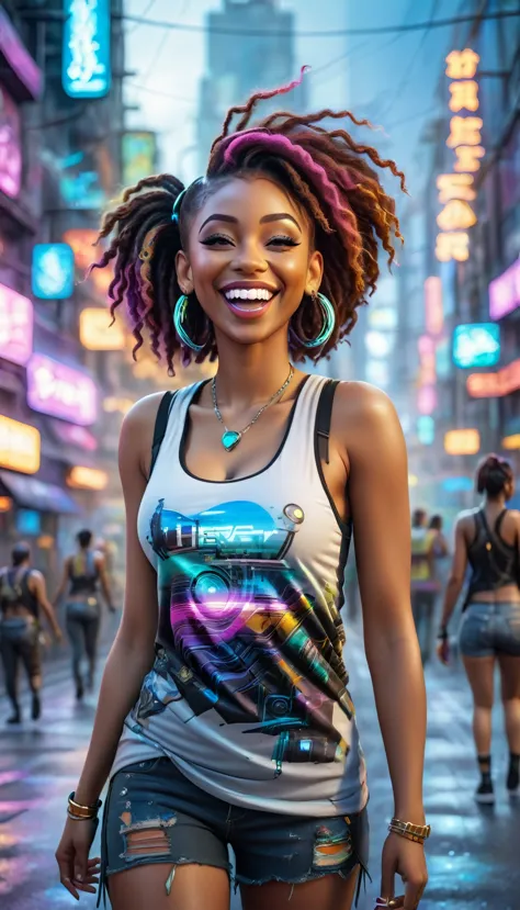 BLACK adult women dressed in urban clothing tank top, In an urban landscape and holographic signs, HAPPY on the road. are drinki...