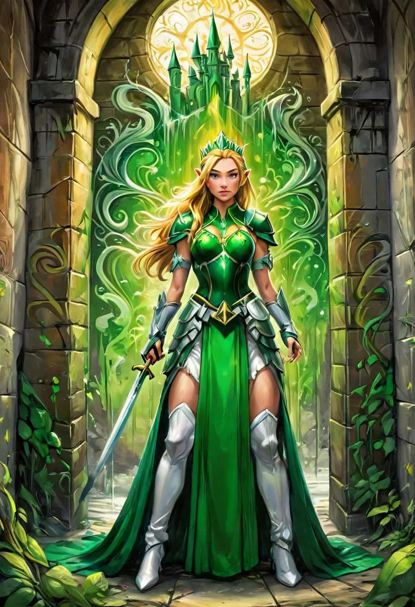 a ga graffiti painting art on the wall of the castle of elf Princess Zelda on the wall of a castle, ,Princess Zelda (intense details, Masterpiece, best quality: 1.5), wearing intricate green dress, delicate diamond crow, ultra detailed face, ultra feminine, fair skin, exquisite beauty, gold hair, long hair, wavy hair, small pointed ears, dynamic eyes color, wearing heavy green and white armor, shinning metal, armed with elven sword, ais-graffiti, chumbasket art style, graffiti art 