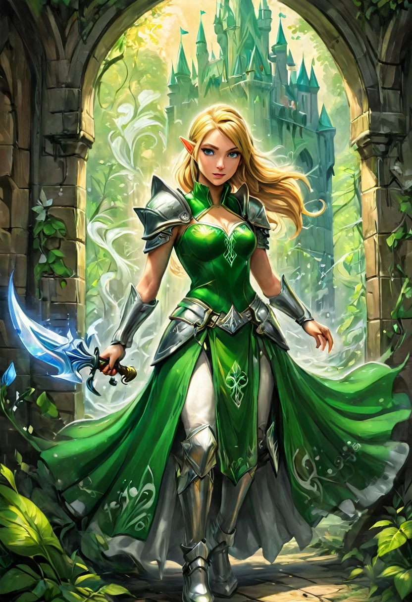 a ga graffiti painting art on the wall of the castle of elf Princess Zelda on the wall of a castle, ,Princess Zelda (intense details, Masterpiece, best quality: 1.5), wearing intricate green dress, delicate diamond crow, ultra detailed face, ultra feminine, fair skin, exquisite beauty, gold hair, long hair, wavy hair, small pointed ears, dynamic eyes color, wearing heavy green and white armor, shinning metal, armed with elven sword, ais-graffiti, chumbasket art style, graffiti art 