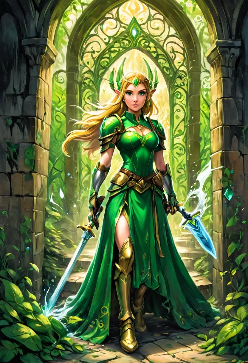 a ga graffiti painting art on the wall of the castle of elf Princess Zelda on the wall of a castle, ,Princess Zelda (intense details, Masterpiece, best quality: 1.5), wearing intricate green dress, delicate diamond crow, ultra detailed face, ultra feminine, fair skin, exquisite beauty, gold hair, long hair, wavy hair, small pointed ears, dynamic eyes color, wearing heavy green and white armor, shinning metal, armed with elven sword, ais-graffiti, chumbasket art style, graffiti art 