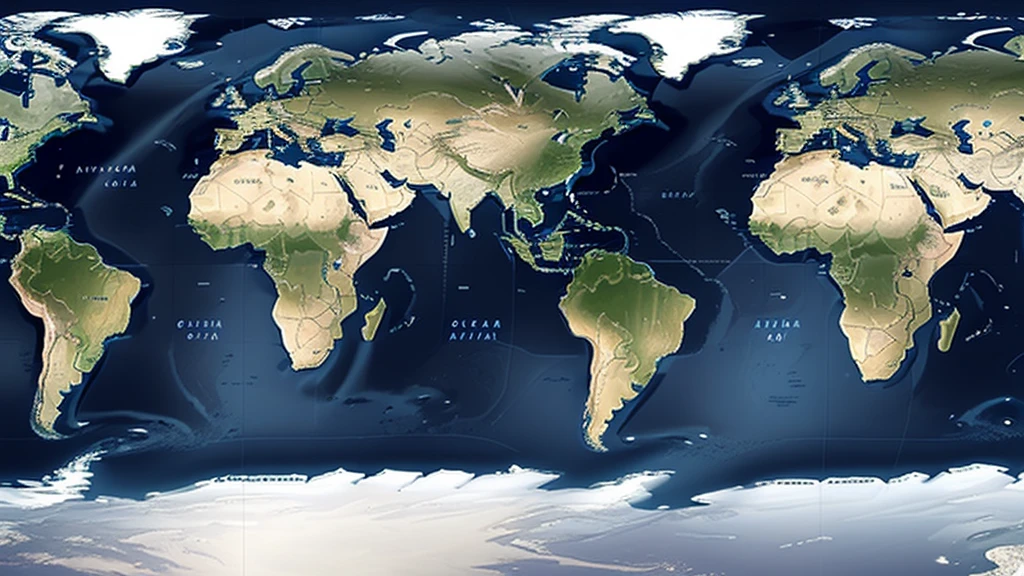 "Hyper-realistic digital painting of a world map, displaying all the continents and countries in their accurate shapes and positions. The map is richly detailed with mountain ranges, rivers, and deserts clearly visible. The oceans and seas are depicted in varying shades of blue, with realistic wave patterns and depth gradients. Major cities are marked with small, glowing points of light. The map includes labels for countries, major bodies of water, and significant geographical features. The background is a deep navy blue, enhancing the vibrant colors of the landmasses, cinematic composition, trending on ArtStation."