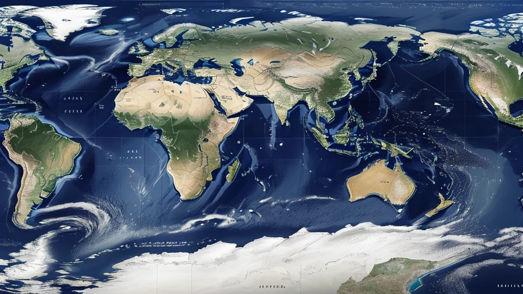 "Hyper-realistic digital painting of a world map, displaying all the continents and countries in their accurate shapes and positions. The map is richly detailed with mountain ranges, rivers, and deserts clearly visible. The oceans and seas are depicted in varying shades of blue, with realistic wave patterns and depth gradients. Major cities are marked with small, glowing points of light. The map includes labels for countries, major bodies of water, and significant geographical features. The background is a deep navy blue, enhancing the vibrant colors of the landmasses, cinematic composition, trending on ArtStation."