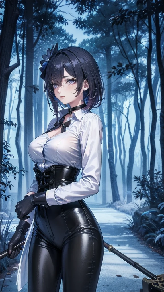 Masterpiece, Beautiful art, professional artist, 8k, Very detailed face, Detailed clothing, detailed fabric, 1 girl, Soul Fullness \(Honkai Impact 3rd\), front view, standing, BIG BREASTS, perfectly drawn body, shy expression, pale skin, beautiful face, short dark blue hair, 4k eyes, very detailed eyes, pink cheeks, choker:1.6, (white long sleeve button down shirt with white collar), black gloves, gloves that cover hands, (holds an ax with his right hand), (black leather corset), (shiny black leggings), Sensual Lips , winter night, show details in the eyes, looking at the viewer, dark forest, Atmosphere, fog, At night