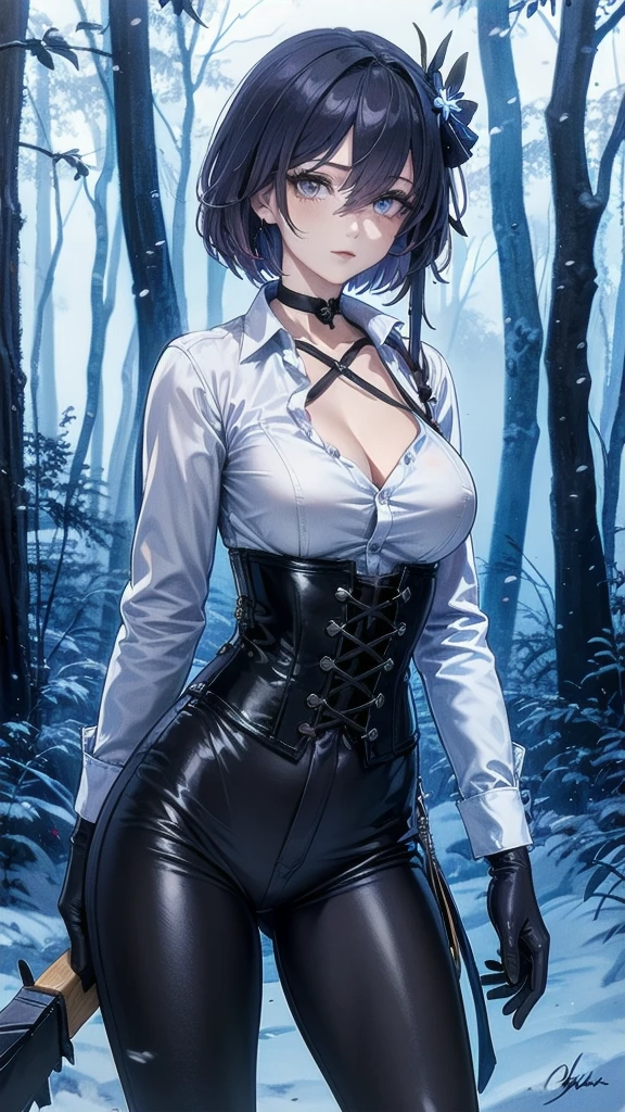 Masterpiece, Beautiful art, professional artist, 8k, Very detailed face, Detailed clothing, detailed fabric, 1 girl, Soul Fullness \(Honkai Impact 3rd\), front view, standing, BIG BREASTS, perfectly drawn body, shy expression, pale skin, beautiful face, short dark blue hair, 4k eyes, very detailed eyes, pink cheeks, choker:1.6, (white long sleeve button down shirt with white collar), black gloves, gloves that cover hands, (holds an ax with his right hand), (black leather corset), (shiny black leggings), Sensual Lips , winter night, show details in the eyes, looking at the viewer, dark forest, Atmosphere, fog, At night