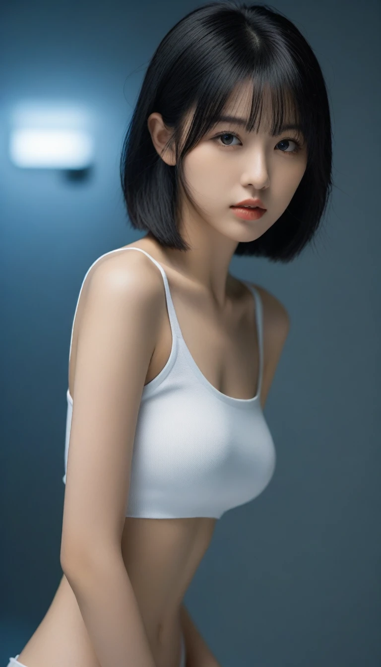 8k, Ultra-high resolution, Highest quality, masterpiece, Rule of thirds photograph,surreal, photograph, 1 Girl,ld:1.3), pretty girl, Cute face, Beautiful eyes in every detail, Detailed,masterpiece,One Girl:1.2, Japan Female Announcer,whole body,glaring,Black Hair,Bob with bangs,A city near the future,cyber punk,Mechanized arm,Fighting Machine,Aggressive pose,Beautiful leg line beauty,Looking at the audience、beauty,Long neck、(((Ideal body type))),A cup small breasts :2,、Portraiture:2、Perfect Anatomy、Vividly detailed、detailed、surreal、Light and shadow,Strong light