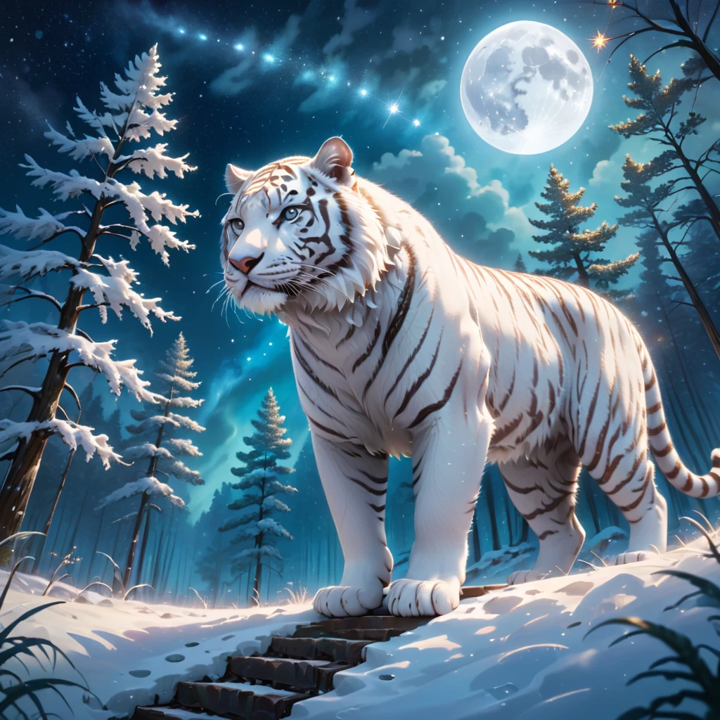 extensive landscape photography (a view from below showing the sky above and an open forest below), a white tiger on a path looking at the landscape, white siberian tiger, full fur, white fur (particle of light around of the tiger), toffu fur, night scenery, (full moon: 1.2), (shooting stars: 0.9), (nebula: 1.3), (warm light source: 1.2), (Firefly: 1.2), ( snowflake: 1.0), (snow on tree) (masterpiece: 1.2), (best quality), 4k, ultra detailed, (dynamic composition: 1.4), very detailed and colorful details, (iridescent colors: 1 ,2), (bright lighting, ambient lighting), dreamy, magical, (alone: ​​1,2)