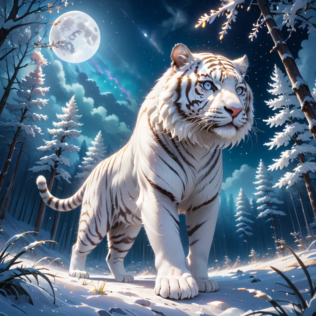 photographie de paysage approfondie (une vue d&#39;en bas montrant le ciel au-dessus et une forêt ouverte en dessous), un tigre blanc sur un chemin regardant le paysage, tigre blanc de Sibérie, pleine fourrure, fourrure blanche (particule de lumière autour du tigre), fourrure de tofu, paysage de nuit, (pleine lune: 1.2), (étoiles filantes: 0.9), (nébuleuse: 1.3), (Source de lumière chaude: 1.2), (luciole: 1.2), ( flocon de neige: 1.0), (neige sur l&#39;arbre) (chef-d&#39;œuvre: 1.2), (Meilleure qualité), 4k, ultra détaillé, (composition dynamique: 1.4), détails très détaillés et colorés, (couleurs irisées: 1 ,2), (éclairage lumineux, éclairage ambiant), rêveur, magique, (seul: 1,2)