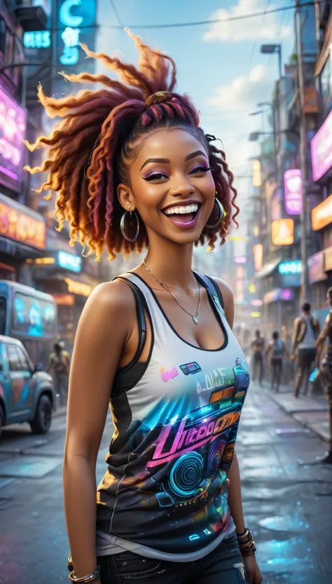 black adult women dressed in urban clothing tank top, in an urban landscape and holographic signs, happy on the road. are drinki...