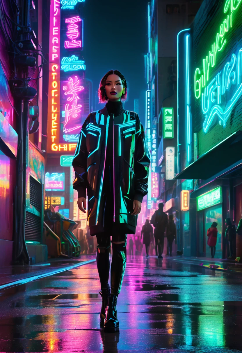 (masterpiece, 8K, UHD, high resolution: 1.4), (character wearing futuristic and technological clothing: 1.3), (cybernetic implants and a stylized look in neon tones: 1.3), (urban street full of neon signs and holograms: 1.3), (pose confident and vigilant: 1.2), (detailed and intricate cybernetic enhancements: 1.2), (background with vibrant and dynamic cityscape: 1.2), (glowing neon accents in blue, pink, and green: 1.2), (atmosphere of high-tech urban life: 1.3), (elements of sci-fi and cyberpunk: 1.2), (dynamic and immersive perspective: 1.3), (reflections of neon lights on wet pavement: 1.2), (detailed and intricate design: 1.3)