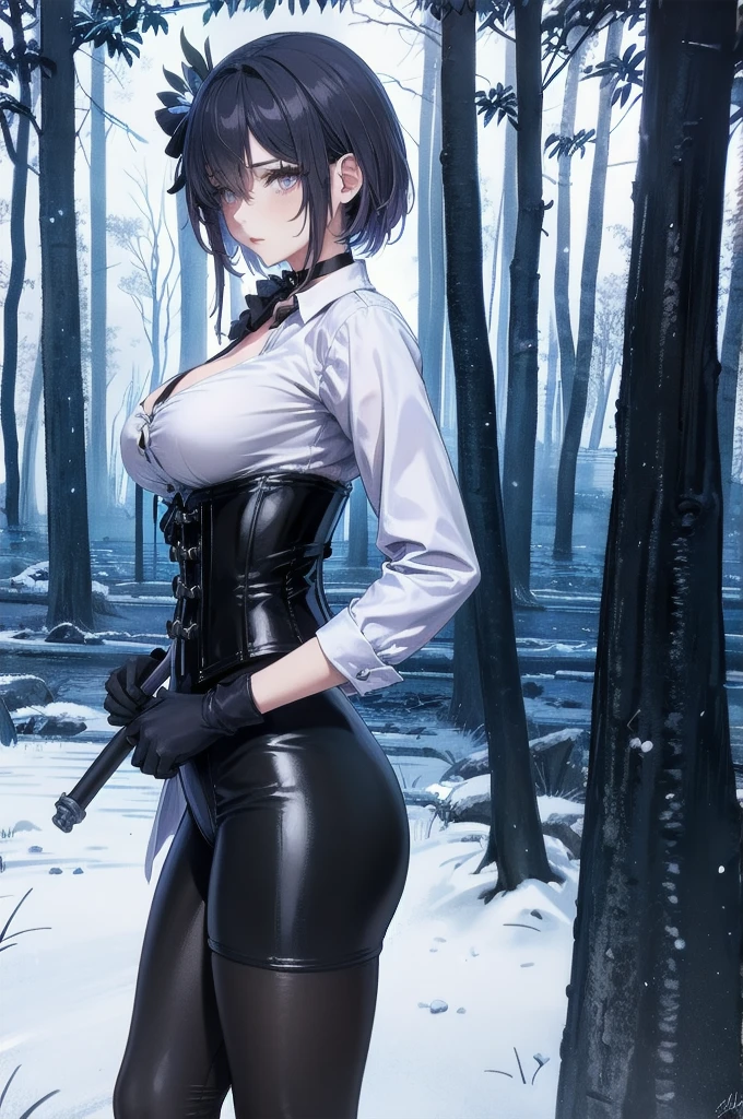 Masterpiece, Beautiful art, professional artist, 8k, Very detailed face, Detailed clothing, detailed fabric, 1 girl, Soul Fullness \(Honkai Impact 3rd\), front view, standing, BIG BREASTS, perfectly drawn body, shy expression, pale skin, beautiful face, short dark blue hair, 4k eyes, very detailed eyes, pink cheeks, choker:1.6, (white long sleeve button down shirt with white collar), black gloves, gloves that cover hands, (holds an ax with his right hand), (black leather corset), (shiny black leggings), Sensual Lips , winter night, show details in the eyes, looking at the viewer, dark forest, Atmosphere, fog, At night