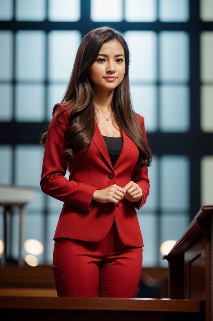 ((woman)), (30 year old), (long hair), (wearing reddish suit), (speech at a lectern), (bible on the pulpit), (modern protestant church background), (natural light), (photo realism), (hyper detailed), diffuse lighting,  (showing complete subject), ((full body shot)), (((front view))), (Nikon D850 DSLR), ((long shot at 200mm f/1. 8 lens)), (Slightly blurred background with bokeh effect),