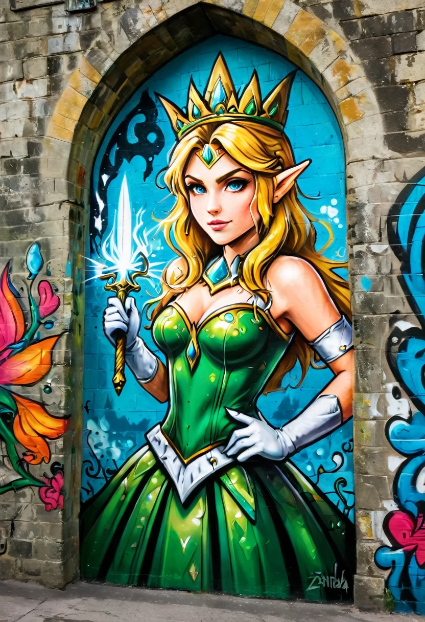 a graffiti painting art on the wall of the castle of the elf princesse zelda on the wall of a an epic fantasy castle ,princesse zelda (détails intenses, chef-d&#39;œuvre, Meilleure qualité: 1.5), porter une robe verte complexe, délicat corbeau de diamant, visage ultra détaillé, ultra féminin, peau claire, beauté exquise, Cheveux dorés, cheveux longs, cheveux ondulés, petites oreilles pointues, couleur des yeux dynamique, portant une lourde armure verte et blanche, métal brillant, armé d&#39;une épée elfique, ais-graffiti, style artistique chumbasket, graffitis 