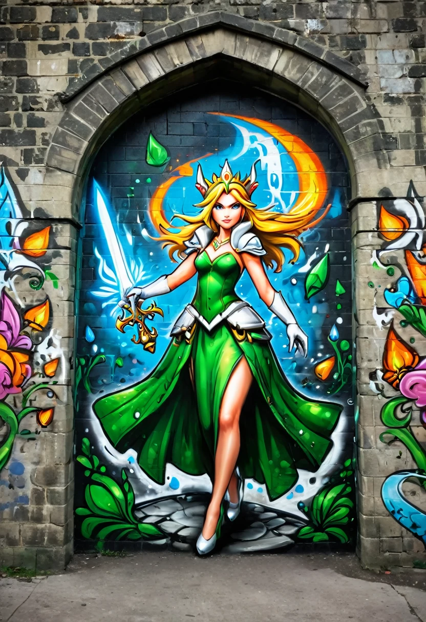 a graffiti painting art on the wall of the castle of the elf 젤다 공주 on the wall of a an epic fantasy castle ,젤다 공주 (강렬한 디테일, 걸작, 최고의 품질: 1.5), 복잡한 녹색 드레스를 입고, 섬세한 다이아몬드 까마귀, 매우 상세한 얼굴, 극도로 여성스러운, 고운 피부, 절묘한 아름다움, 금머리, 긴 머리, 구불 거리는 머리카락, 작고 뾰족한 귀, 역동적인 눈 색깔, 무거운 녹색과 흰색 갑옷을 입고, 빛나는 금속, 엘프의 검으로 무장한, ais 낙서, 첨바스켓 아트 스타일, 낙서 예술 