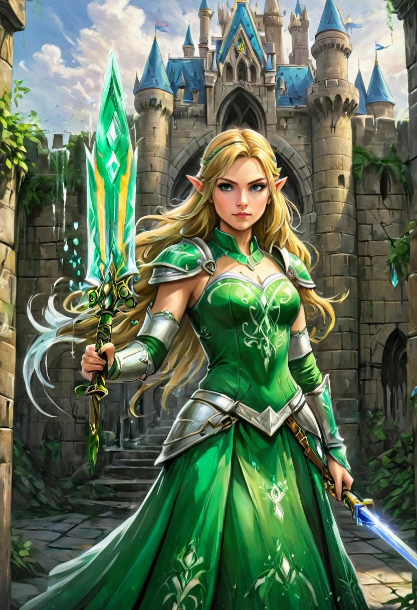 a  graffiti painting art on the wall of the castle of Princess Zelda on the wall of a castle, ,Princess Zelda (intense details, Masterpiece, best quality: 1.5), wearing intricate green dress, delicate diamond crow, ultra detailed face, ultra feminine, fair skin, exquisite beauty, gold hair, long hair, wavy hair, small pointed ears, dynamic eyes color, wearing heavy green and white armor, shinning metal, armed with elven sword, ais-graffiti, chumbasket art style, graffiti art 