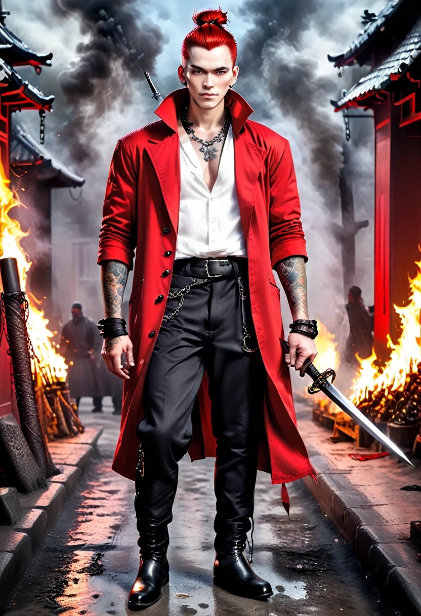 Overview Young red man with pale white skin. his eyes are red and black with no trace of white, he has a bad smile and a terrifying look, he is athletic and he is dressed in a red sleeveless coat, and black pants and black boots,his whole body covered with tattoos of criminals,He fights with two swords to which are attached to the pomo two large chains that he can in his own way. Behind him there are fires,Photorealistic style