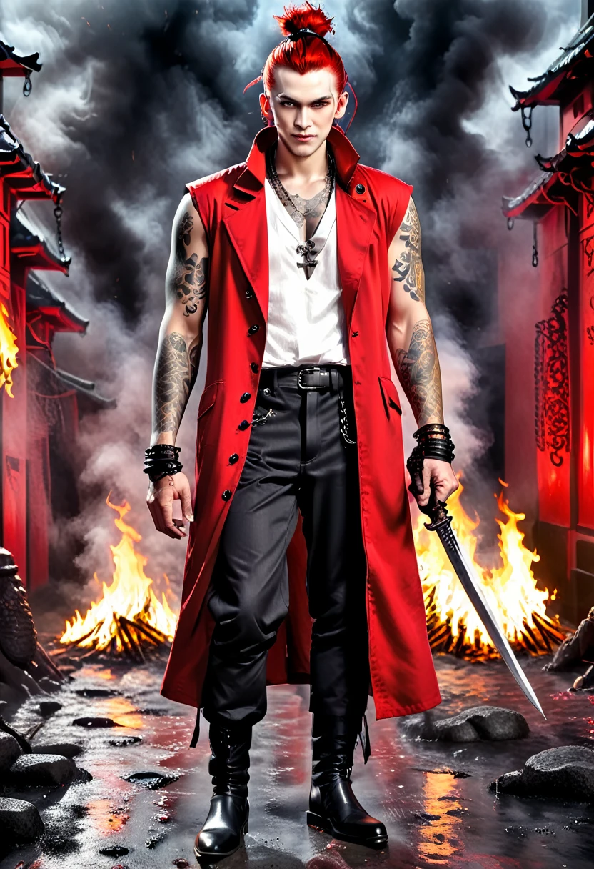 Overview Young red man with pale white skin. his eyes are red and black with no trace of white, he has a bad smile and a terrifying look, he is athletic and he is dressed in a red sleeveless coat, and black pants and black boots,his whole body covered with tattoos of criminals,He fights with two swords to which are attached to the pomo two large chains that he can in his own way. Behind him there are fires,Photorealistic style