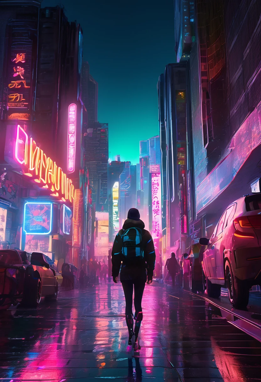 (masterpiece, 8K, UHD, high resolution: 1.4), (character wearing futuristic and technological clothing: 1.3), (cybernetic implants and a stylized look in neon tones: 1.3), (urban street full of neon signs and holograms: 1.3), (pose confident and vigilant: 1.2), (detailed and intricate cybernetic enhancements: 1.2), (background with vibrant and dynamic cityscape: 1.2), (glowing neon accents in blue, pink, and green: 1.2), (atmosphere of high-tech urban life: 1.3), (elements of sci-fi and cyberpunk: 1.2), (dynamic and immersive perspective: 1.3), (reflections of neon lights on wet pavement: 1.2), (detailed and intricate design: 1.3)