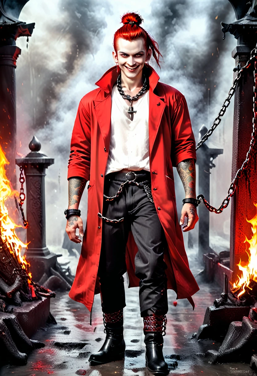 Overview Young red man with pale white skin. his eyes are red and black with no trace of white, he has a bad smile and a terrifying look, he is athletic and he is dressed in a red sleeveless coat, and black pants and black boots,his whole body covered with tattoos of criminals,He fights with two swords to which are attached to the pomo two large chains that he can in his own way. Behind him there are fires,Photorealistic style [Creepy Smile]