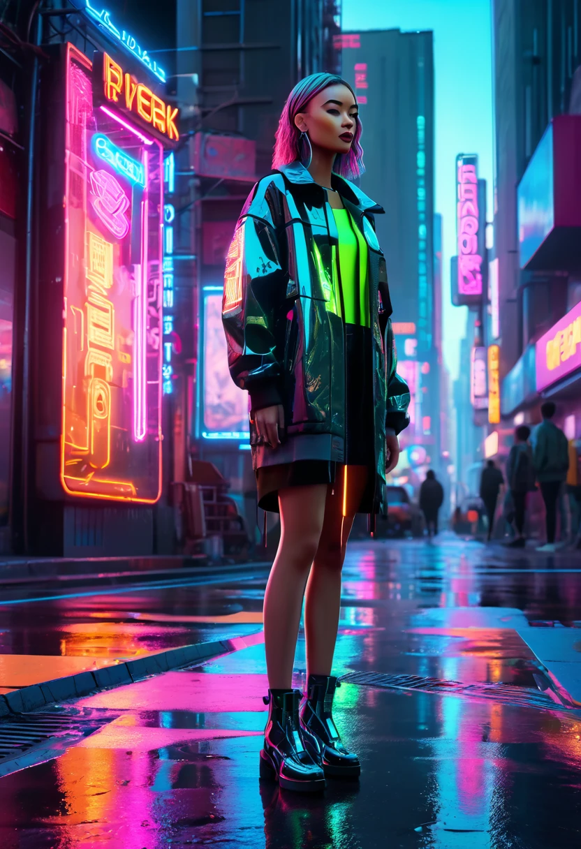 (masterpiece, 8K, UHD, high resolution: 1.4), (character wearing futuristic and technological clothing: 1.3), (cybernetic implants and a stylized look in neon tones: 1.3), (urban street full of neon signs and holograms: 1.3), (pose confident and vigilant: 1.2), (detailed and intricate cybernetic enhancements: 1.2), (background with vibrant and dynamic cityscape: 1.2), (glowing neon accents in blue, pink, and green: 1.2), (atmosphere of high-tech urban life: 1.3), (elements of sci-fi and cyberpunk: 1.2), (dynamic and immersive perspective: 1.3), (reflections of neon lights on wet pavement: 1.2), (detailed and intricate design: 1.3)