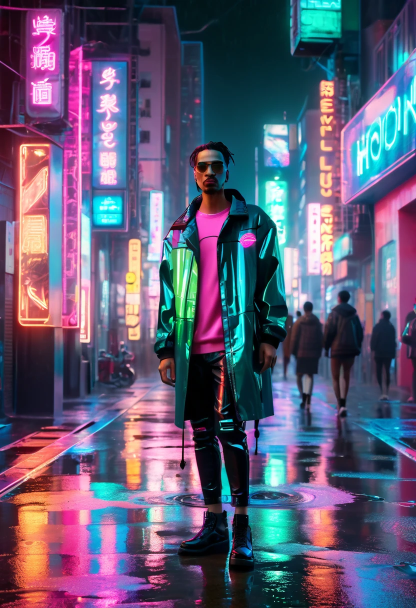 (masterpiece, 8K, UHD, high resolution: 1.4), (character wearing futuristic and technological clothing: 1.3), (cybernetic implants and a stylized look in neon tones: 1.3), (urban street full of neon signs and holograms: 1.3), (pose confident and vigilant: 1.2), (detailed and intricate cybernetic enhancements: 1.2), (background with vibrant and dynamic cityscape: 1.2), (glowing neon accents in blue, pink, and green: 1.2), (atmosphere of high-tech urban life: 1.3), (elements of sci-fi and cyberpunk: 1.2), (dynamic and immersive perspective: 1.3), (reflections of neon lights on wet pavement: 1.2), (detailed and intricate design: 1.3)