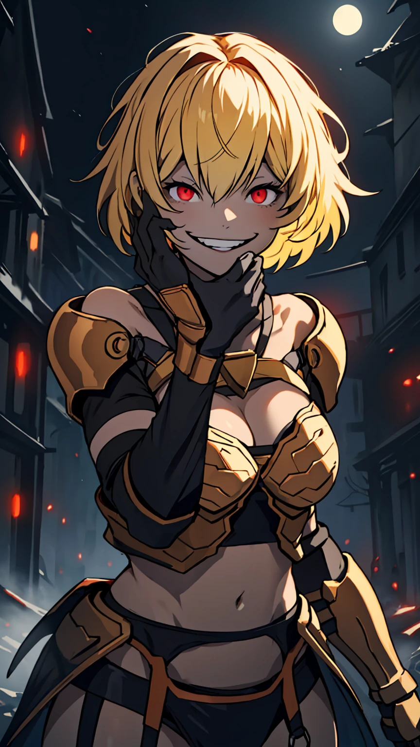 One girl,clementine \(monarch\),armor,garter belt,Gauntlet,Blonde,short hair,Red eyes, Glowing Eyes,smile,psycho smile,Open your mouth,Psychoface,Hollow Eyes,Crazy Eyes,crazy smile,Yandere,Upper Body,close,(nighttime, night, Dim lighting, Dark atmosphere),Good move,Good fingers,masterpiece,Highly detailed CG Unity 8k wallpaper, Highest quality,32k,focus on  