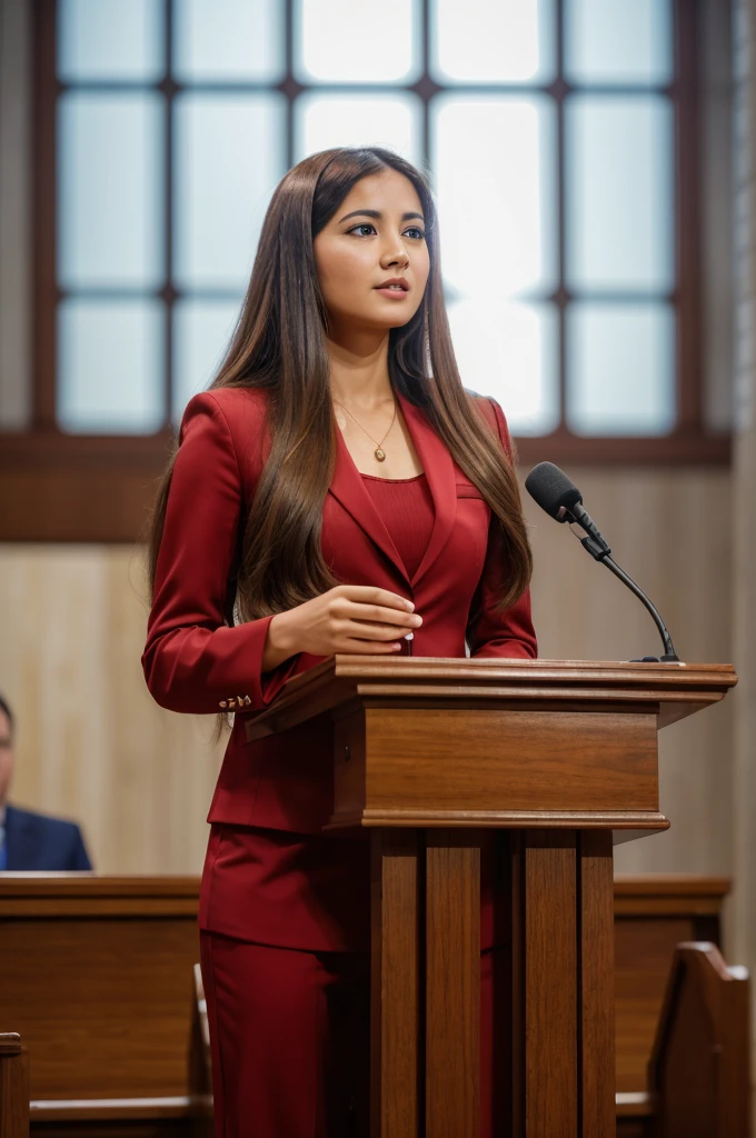 ((mulher)), (30 anos), (cabelo longo), (vestindo terno avermelhado), (discurso em um púlpito), (Bíblia no púlpito), (fundo de igreja protestante moderna), (Luz natural), (Realismo fotográfico), (hiper detalhado), iluminação difusa,  (mostrando assunto completo), ((tiro de corpo inteiro)), (((vista frontal))), (Nikon D850 DSLR), ((tiro longo em 200 mm f/1. 8 lentes)), (Fundo ligeiramente desfocado com efeito bokeh),